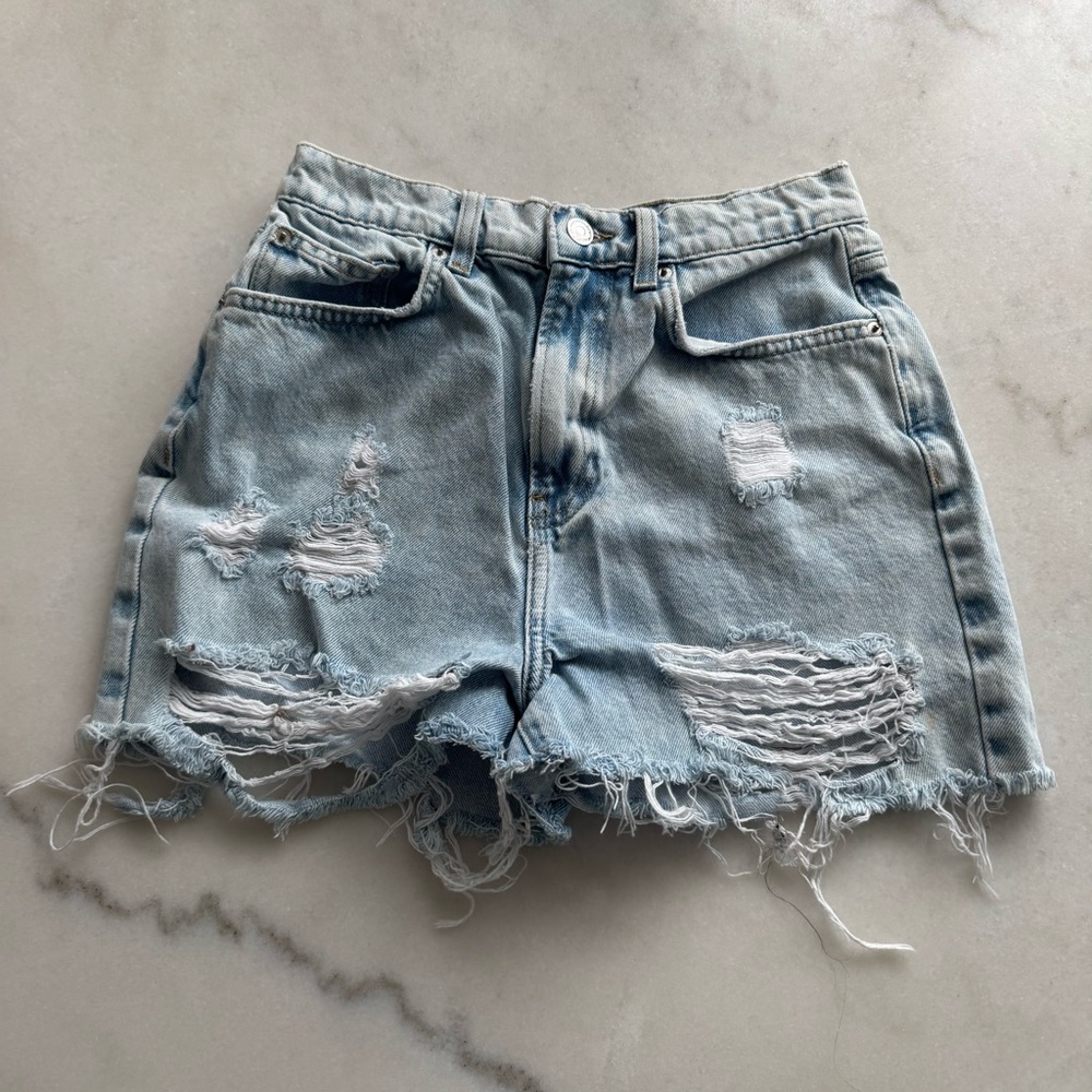 Distressed Light Blue Denim Shorts